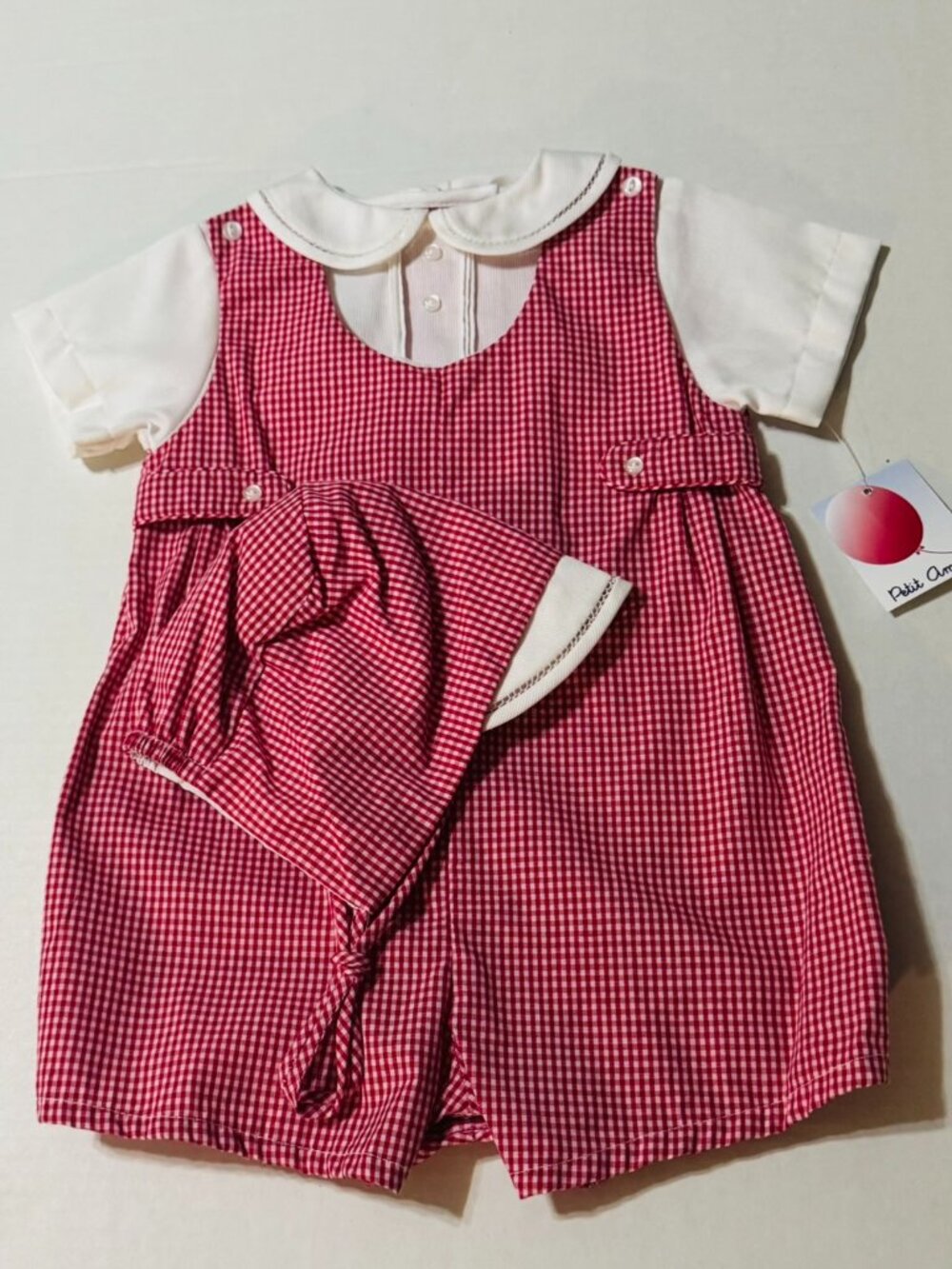 Petit Ami Red and White Gingham Romper with Side Tabs and Hat 9 Months
